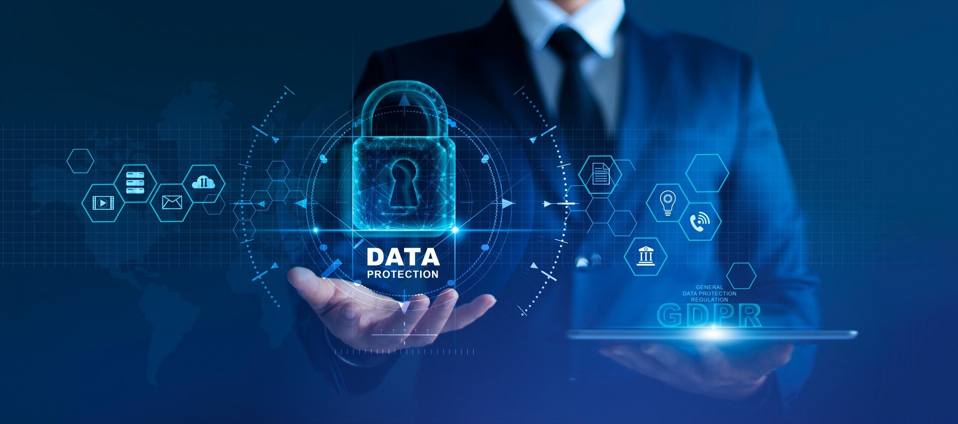 Data protection privacy concept. GDPR. EU. Cyber security network. Business man protecting data personal information on tablet. Padlock icon and internet technology networking connection on digital
