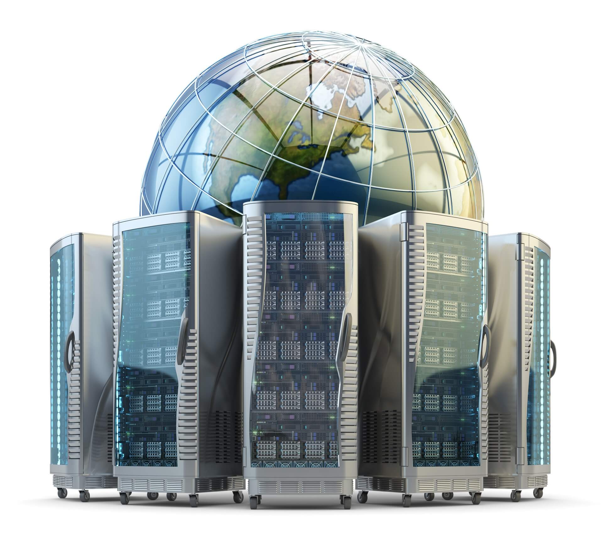 internet-and-computer-network-technology-global-data-storage-concept-server-racks-with-telecommunication-equipment-around-the-earth-globe-isolated-on-white