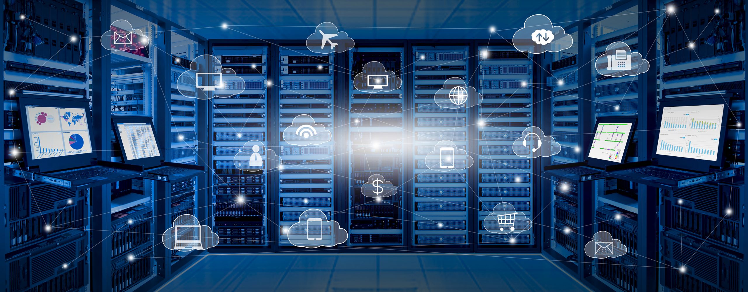 Internet data center room with server and networking device on r